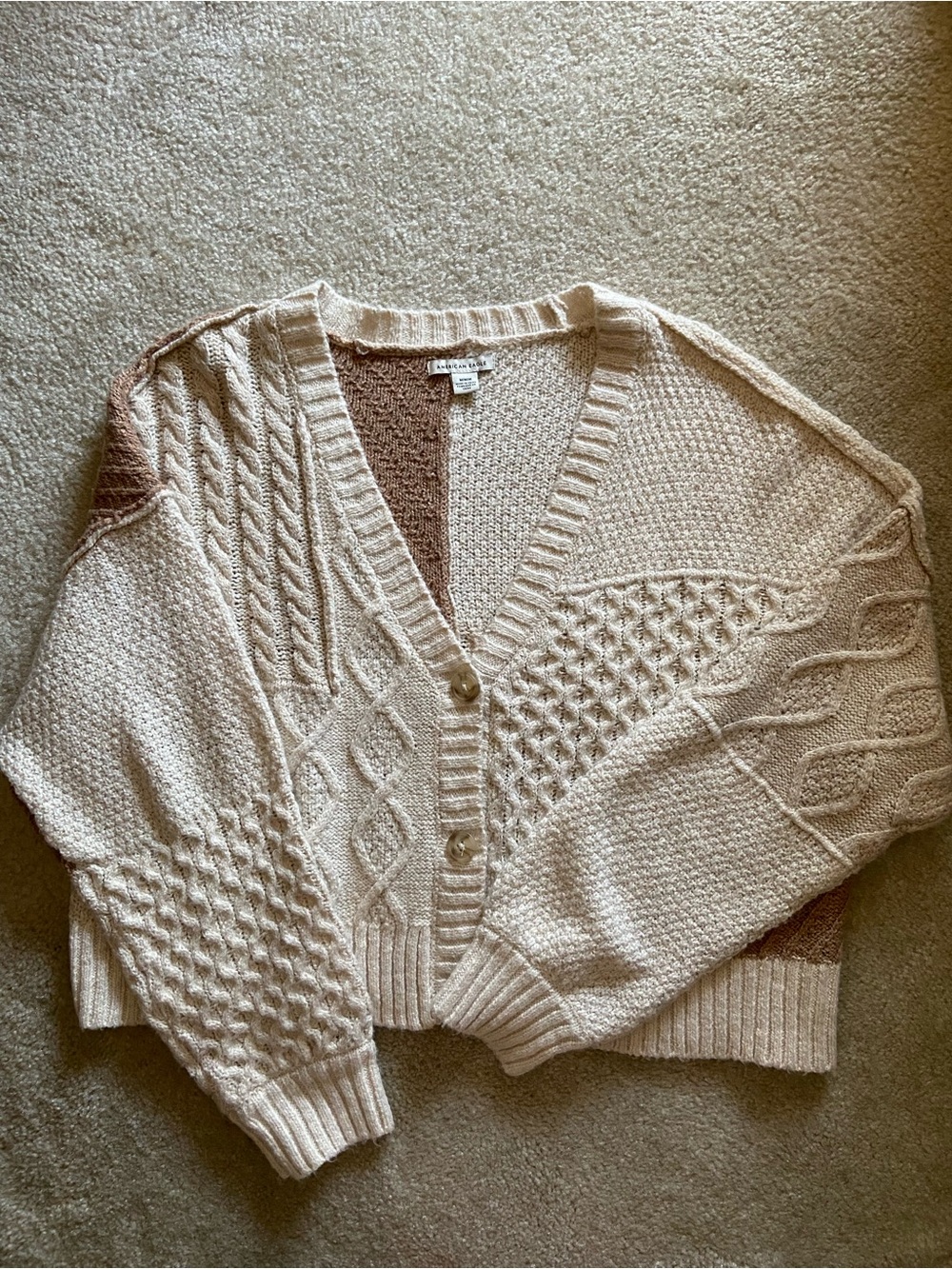 American Eagle Cream and Brown Cable knit V-Neck Cardigan Sweater